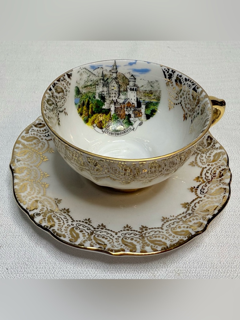 Vintage Bavaria Neuschwanstein Castle Teacup Saucer Gold Gilt Germany